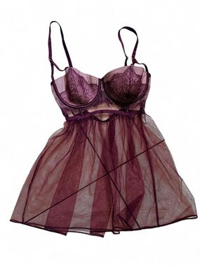 Victoria's Secret Sheer Lace Babydoll Nightie in Burgundy Plum